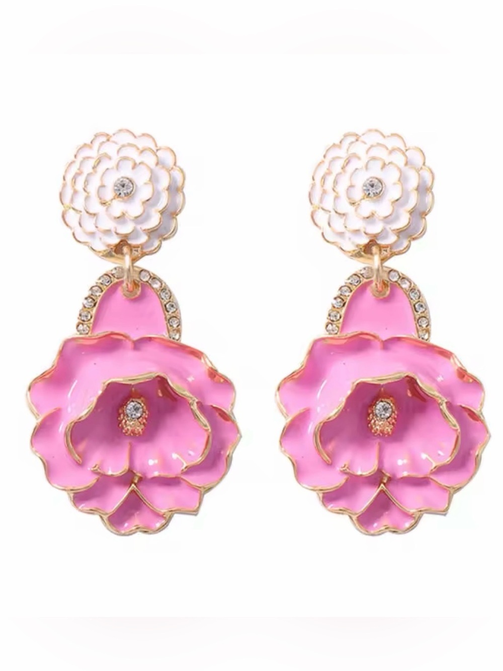 Pink & White Enamel Floral Statement Drop Earrings - Picture 3 of 5